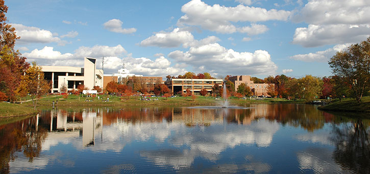Mason Pond view of Fairfax campus buildings.